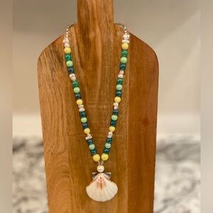 Seashell beaded pearl beach necklace nantucket yellow‎ blue surfer girl toggle